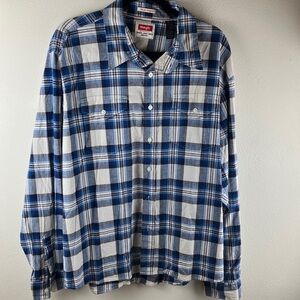 Wrangler Blue White Plaid Shirt 2XL Long Sleeve Stretch Cotton